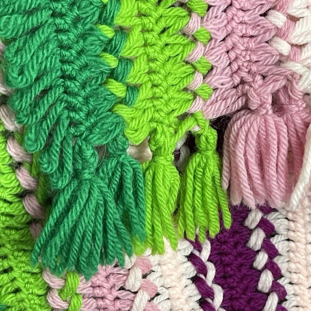 Handmade Crochet Blanket Vibrant Pink‎ Green Purple Stripes Unique Pattern 46x78